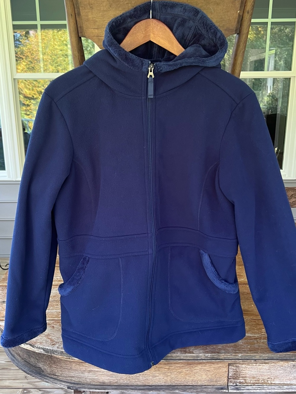 Lands End Navy Blue Fleece Zip Up Hoodie Jacket Womens Large Petite 14/16